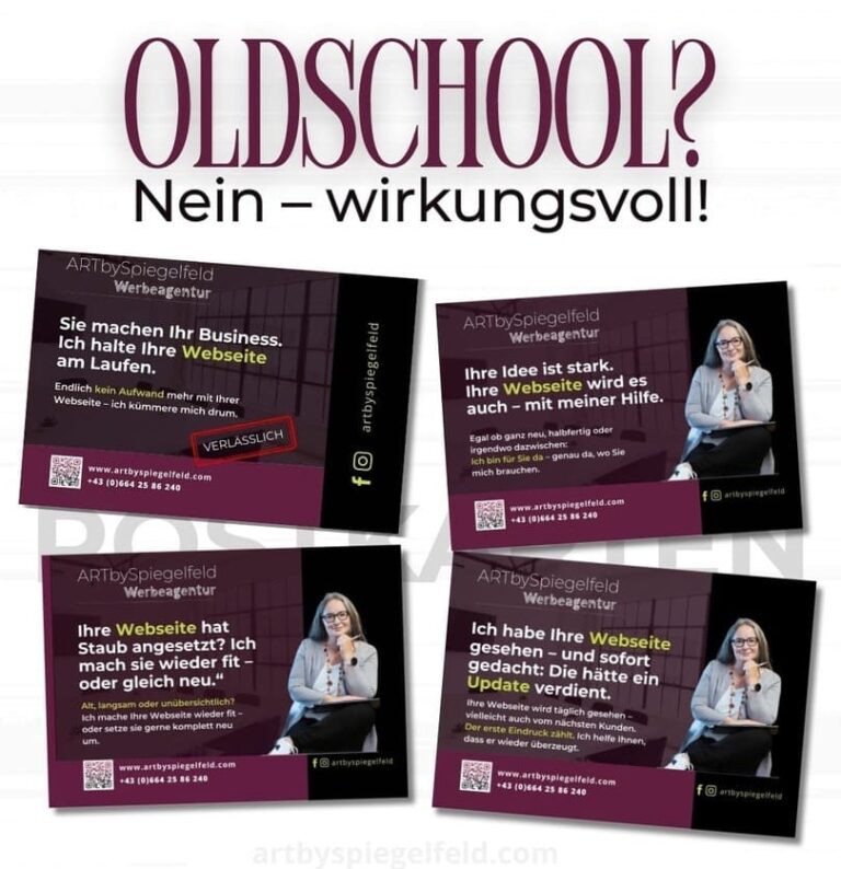 Vier individuell gestaltete Werbepostkarten mit kreativen Designs und unterschiedlichen Sprüchen, als Beispiel für Printwerbung kombiniert mit Social Media Marketing.