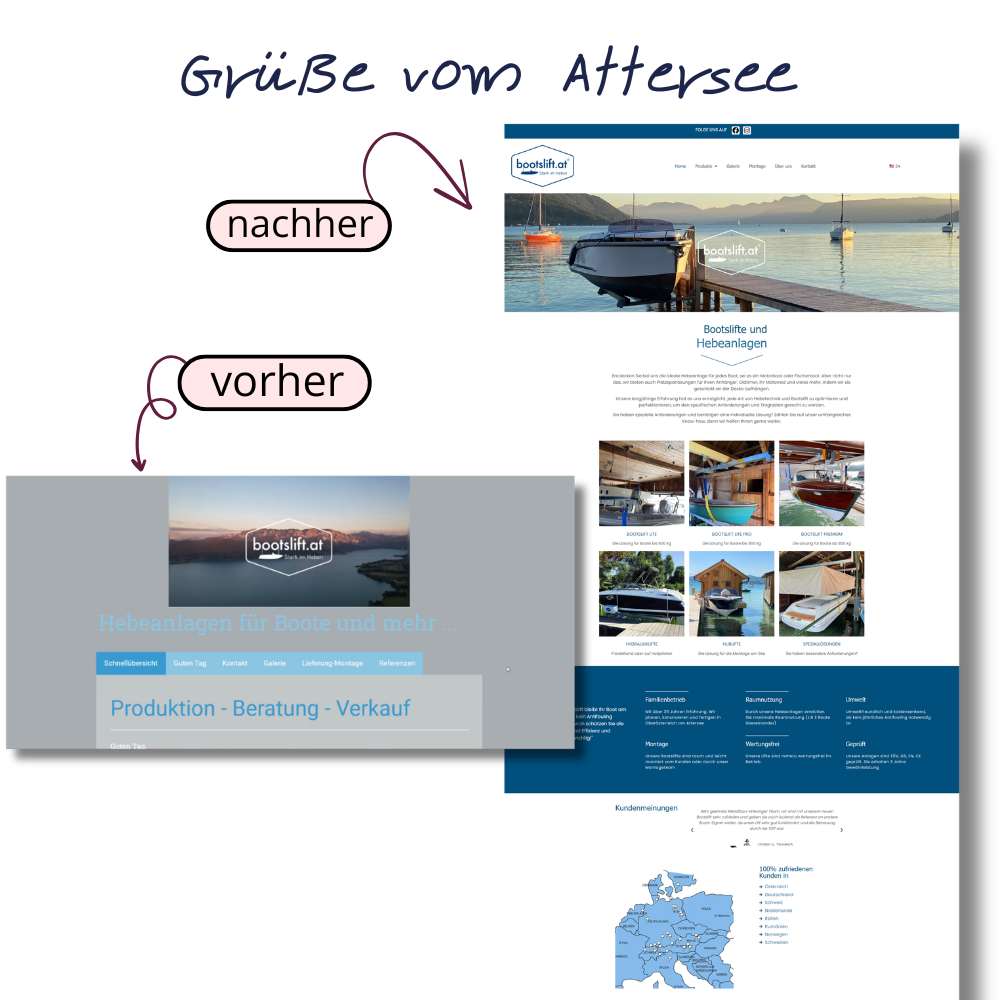 Vorher-Nachher-Vergleich des Webdesigns für Wiesinger Bootslifte: Transformation von einer veralteten Webpräsenz zu einem modernen, exklusiven Online-Auftritt für Premium-Liftsysteme.