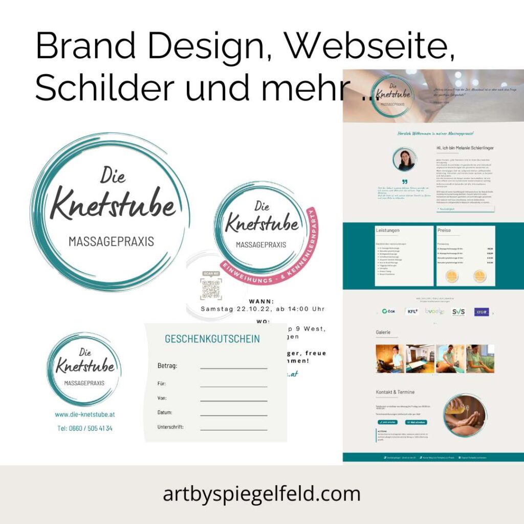 Ganzheitliches Corporate Design für die Massagepraxis Die Knetstube: Logo-Entwicklung, Visitenkarten und One-Pager Webdesign aus der Feder von ARTbySpiegelfeld.