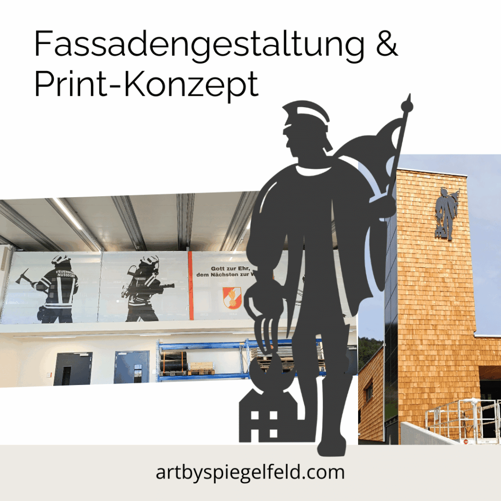 Moderne grafische Interpretation des Heiligen Florian als Kunst-am-Bau für die Fassade des neuen Feuerwehrhauses Nußdorf.