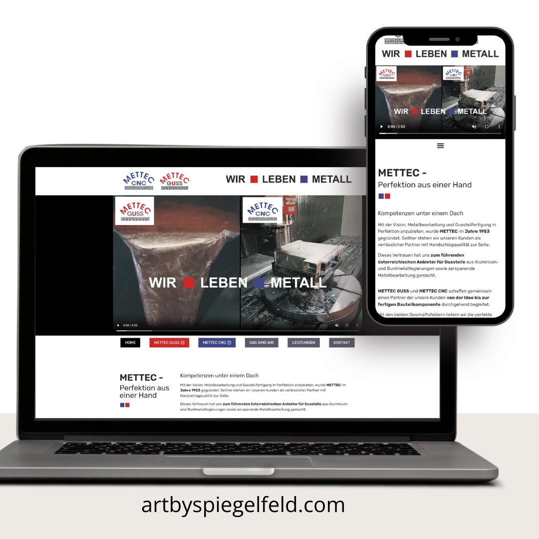 Modernes Webdesign-Redesign für Mettec CNC und Mettec Guss Metallbau – Fokus auf industrielle Präzision, Referenzdarstellung und technische Wartung nach Agenturwechsel.