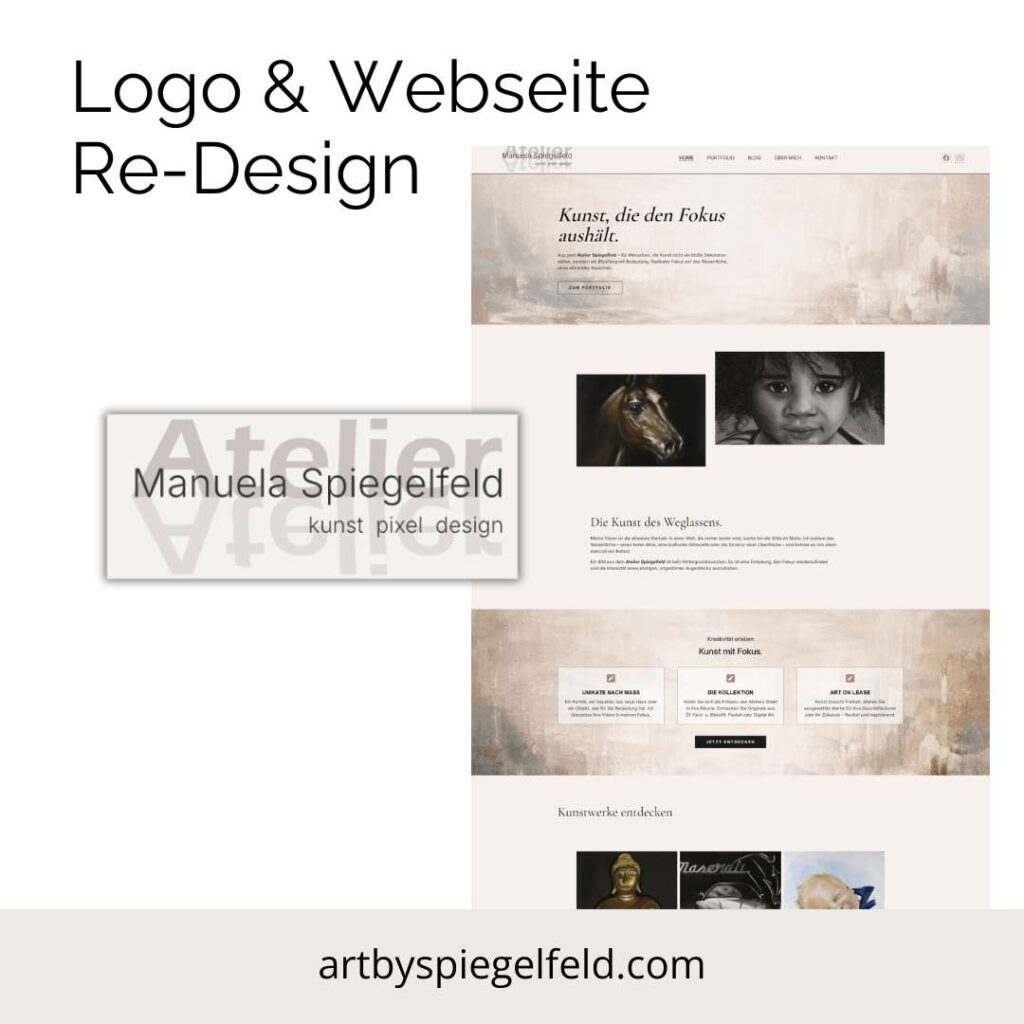 Künstlerisches Webdesign für die Kunstmalerin Spiegelfeld: Re-Design der Webseite und des Logos in eleganten Braun- und Grautönen, umgesetzt von ARTbySpiegelfeld.