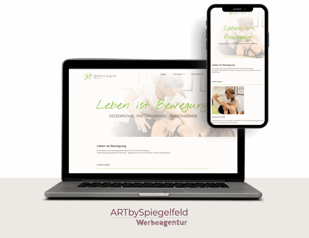 Professionelles Webdesign für Physiotherapie Aigner: Ein klares, vertrauensvolles Redesign durch ARTbySpiegelfeld, das Patienten strukturiert zur Terminanfrage führt.