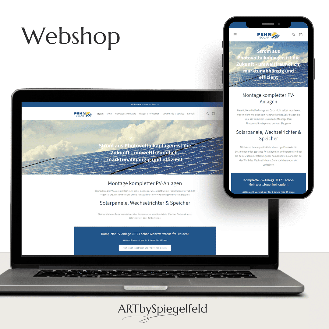 Professioneller Onlineshop für pehn.solar mit Fokus auf Photovoltaik-Produkte und Anlagenplanung, beworben durch strategische Google Ads.